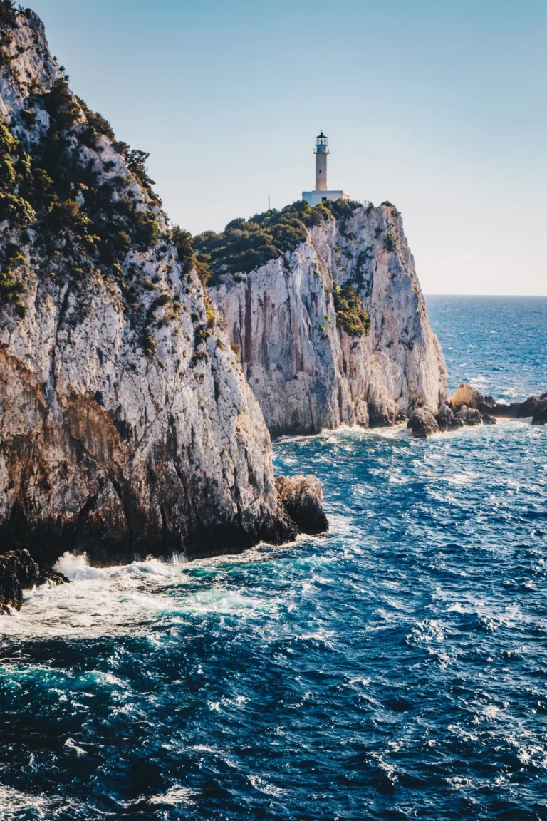 Cape Lefkada or Lefkas lighthouse and cliffs in the southern part of Lefkada Island, Greece