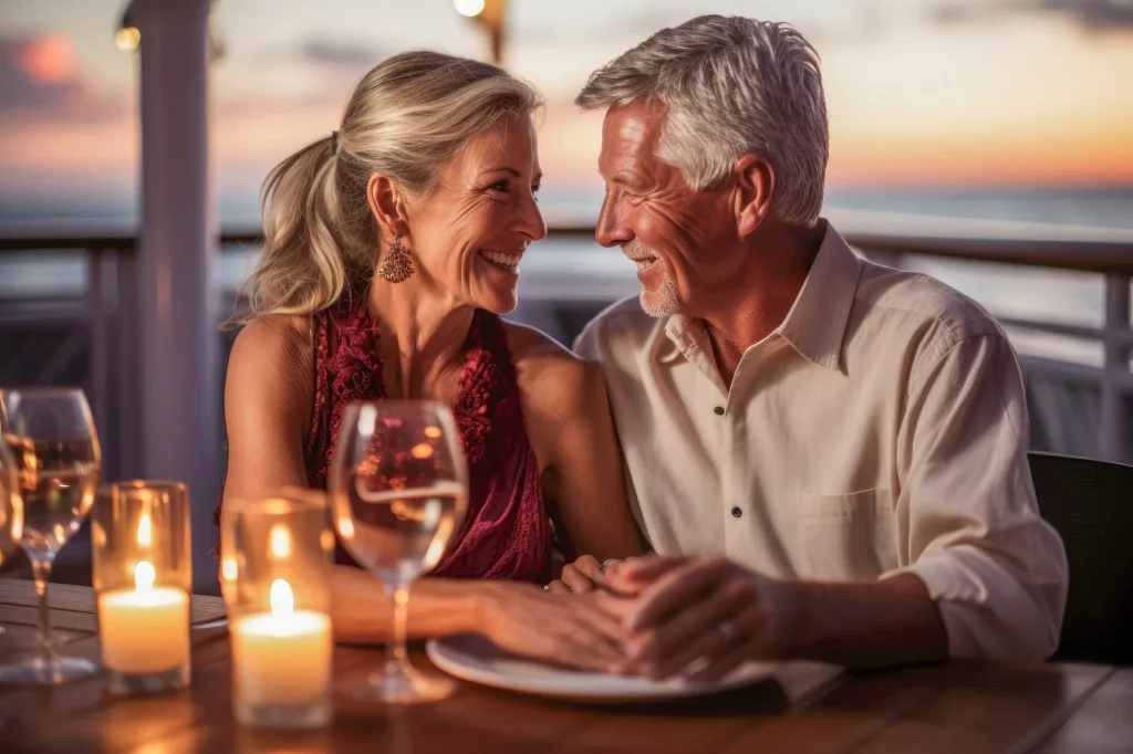 Ein älteres Paar genießt ein romantisches Abendessen bei Kerzenschein auf dem Deck eines Kreuzfahrtschiffs, mit einem atemberaubenden Sonnenuntergang am Horizont