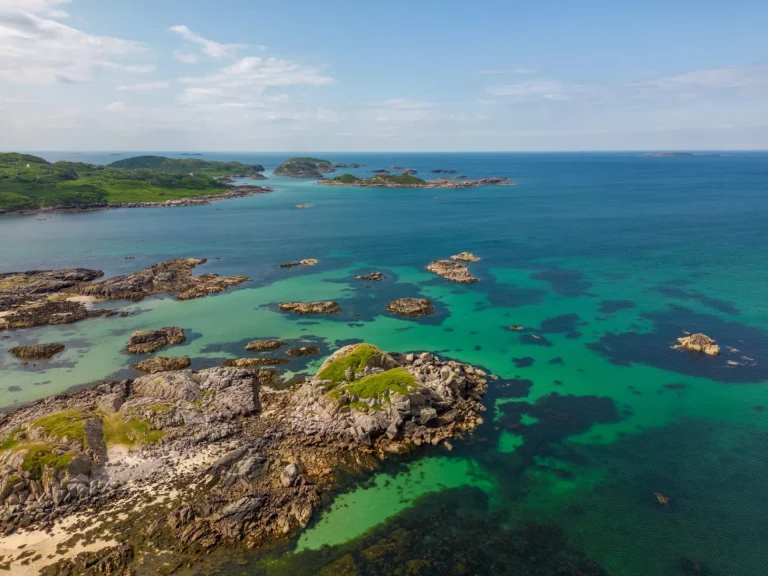Aerial drone photo of the coastline on the Isle of mull, Scotland