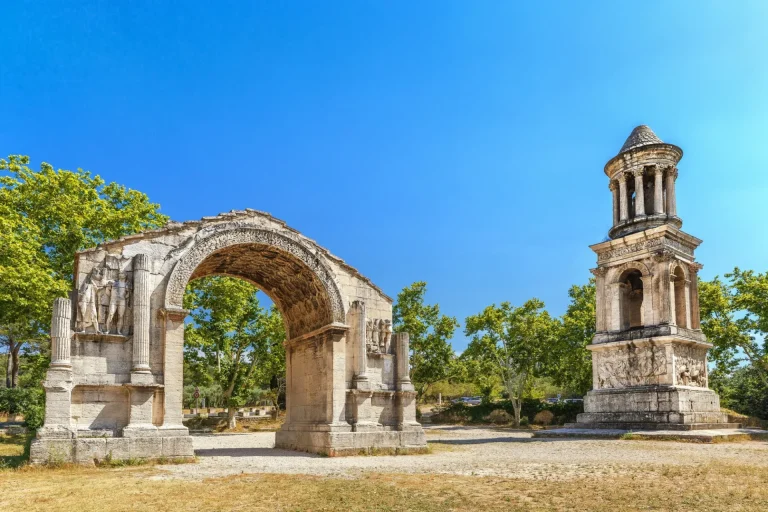 France, Saint-Remy-de-Provence, ancient Roman City of Glanum, Triumphal Arch and Cenotaph. Roman ruins, entrance of ancient city.