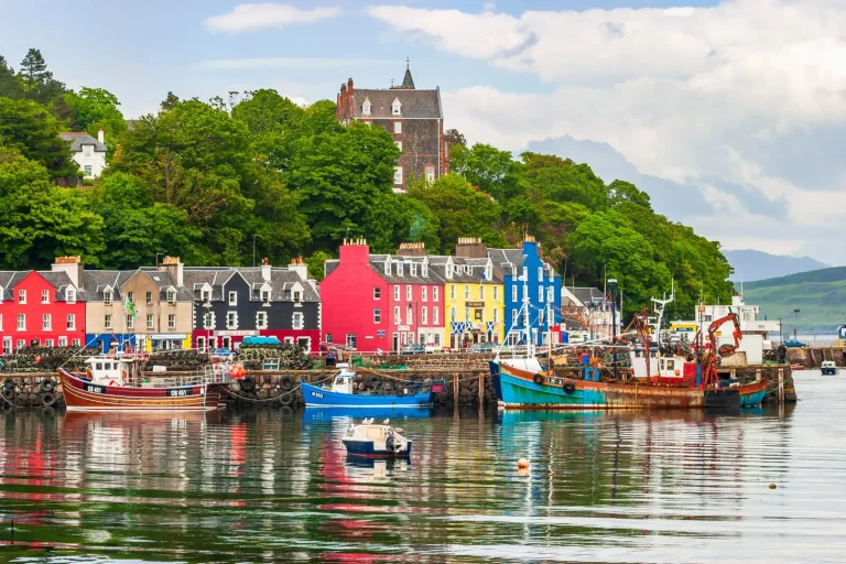 Port with boats in Tobermory in Scotland
